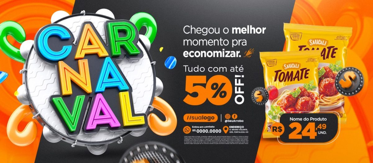 Banner Supermercado Carnaval Chegou o Melhor Momento pra Economizar 50% Off PSD Editável
