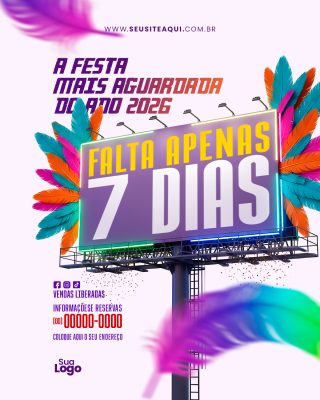 Flyer Contagem Regressiva para Festa 2026 Outdoor Festivo Plumas PSD Editável