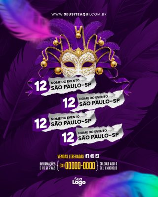 Flyer Carnaval Máscara Veneziana Roxo Convite Evento PSD Editável