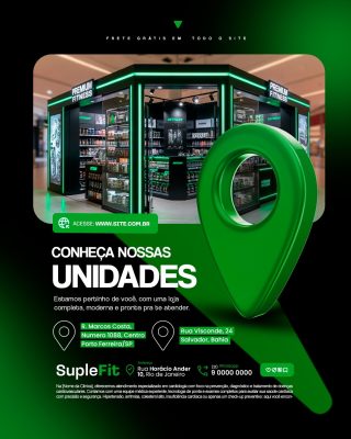 Loja de Suplementos Conheça Nossas Unidades Social Media PSD Editável