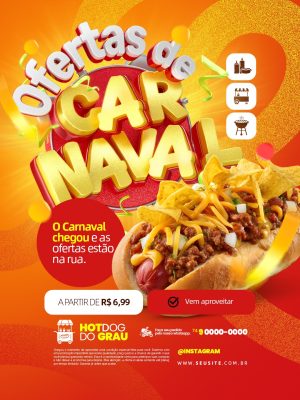 Ofertas de Carnaval Hot Dog Ofertas Estão na Rua Social Media PSD Editável