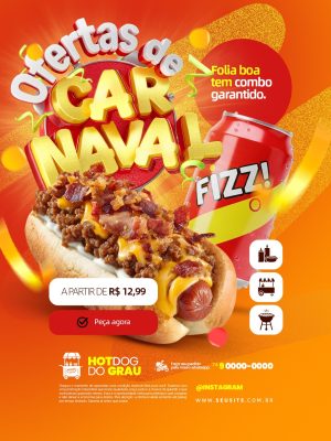 Ofertas de Carnaval Hot Dog Folia Boa Tem Combo Social Media PSD Editável