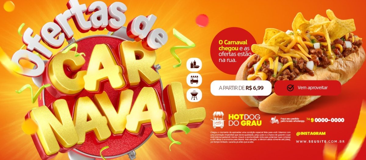 Banner Ofertas de Carnaval Hot Dog Faça Seu Pedido Social Media PSD Editável
