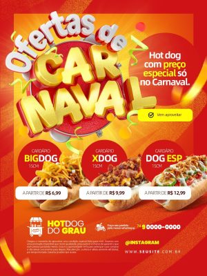 Ofertas de Carnaval Hot Dog com Preço Especial Encarte Social Media PSD Editável