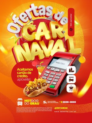 Ofertas de Carnaval Hot Dog Aceitamos Cartão de Crédito Social Media PSD Editável