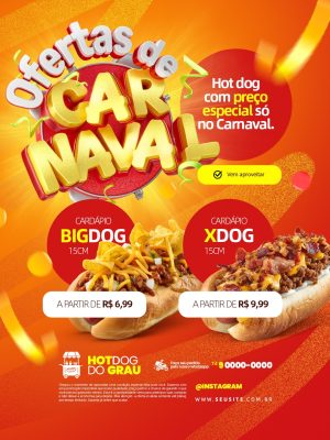 Ofertas de Carnaval Hot Dog com Preço Especial Social Media PSD Editável
