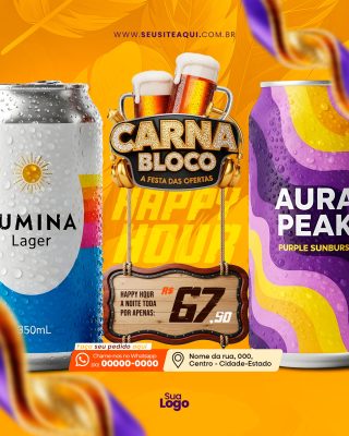 Flyer Carnaval em Bloco A Festa das Ofertas Happy Hour PSD Editável