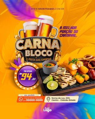 Carnabloco Festa das Ofertas Banner de Carnaval com Petiscos PSD Editável