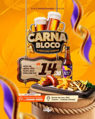 Flyer Carnabloco A Festa das Ofertas com Linguiça Fritas Polenta Queijo PSD Editável