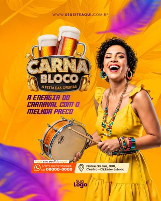 Flyer Carnaval Carna Bloco Festa das Ofertas Banner Social PSD Editável