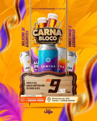 Flyer Carnaval Carana Bloco a Festa das Ofertas Banner de Cerveja PSD Editável
