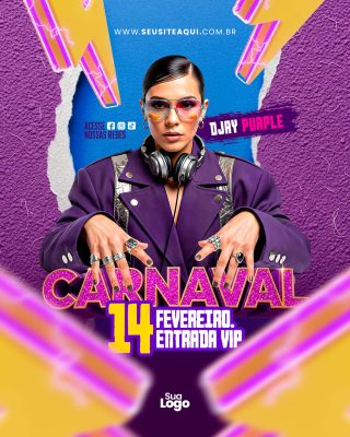 Flyer Carnaval 14 Fevereiro Entrada VIP Flyer Festivo DJ Purple PSD Editável