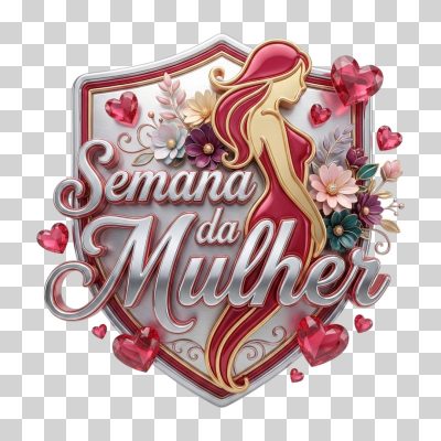 Selo 3D Semana da Mulher Emblema 3D com Flores e Corações PNG Transparente