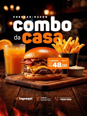Hamburgueria Combo da Casa Cheedar Bacon Batata Frita e Suco Social Media PSD Editável