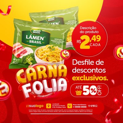 Carna Folia Supermercado Miolo Brasil Lámen Desfile de Descontos 50% PSD Editável
