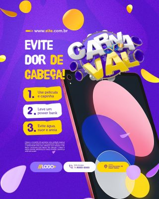Carnaval Loja de Celulares Evite Dor de Cabeça Cuidados com Celular PSD Editável