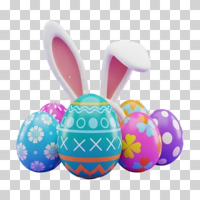 Páscoa Orelhas de Coelho e Ovos Coloridos 3D PNG Transparente