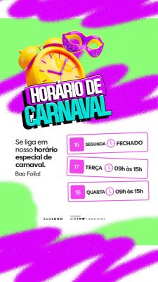 Story Carnaval Horário de Expediente Alarme Máscara Colorido PSD Editável