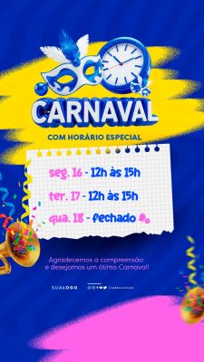 Carnaval Horário Especial Divulgação Com Mascaras e Relogio PSD Editável
