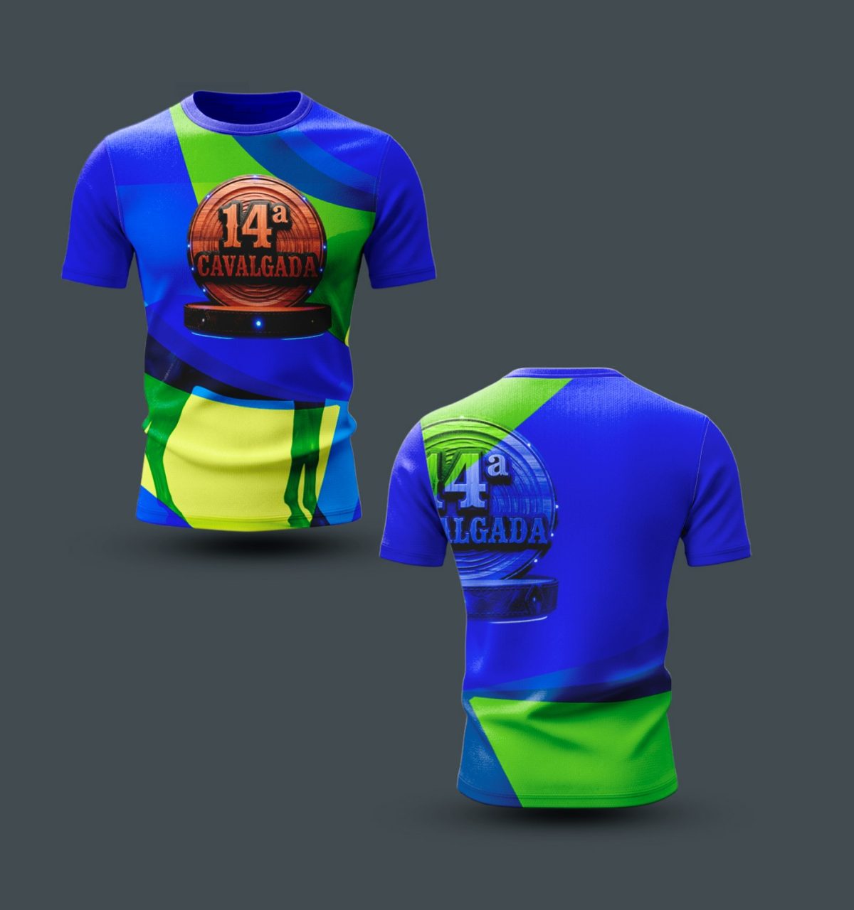 Cavalgar 14ª Cavalgada Camiseta Azul e Verde Urbana PSD Editável