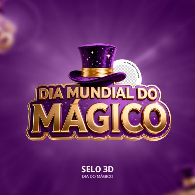 Dia Mundial do Mágico Selo 3D Chapéu Mágico Roxo Ouro PSD Editável