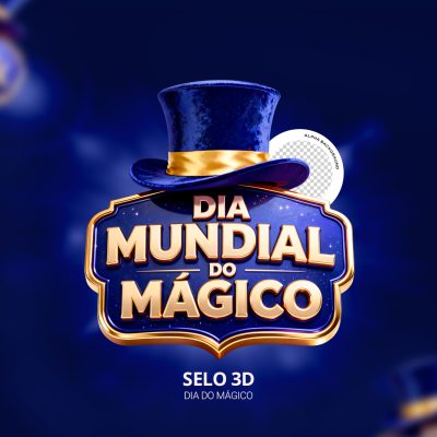 Mágico Dia Mundial do Mágico Selo 3D Chapéu Azul PSD Editável