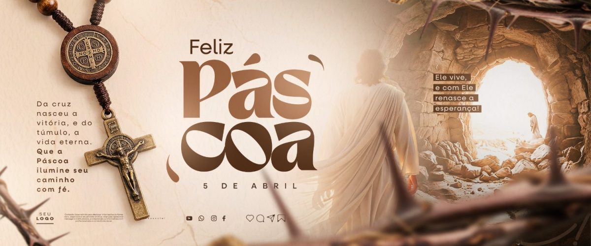 Carrossel Páscoa Feliz 5 de Abril Jesus e Rosário na Caverna PSD Editável