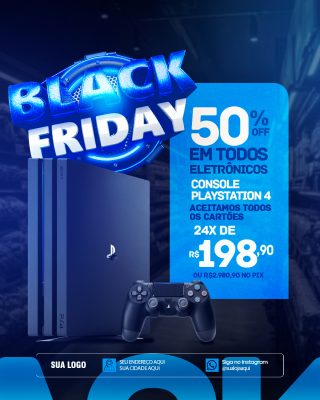 Black Friday 50% Off em Eletrônicos Oferta Console PS4 PSD Editável