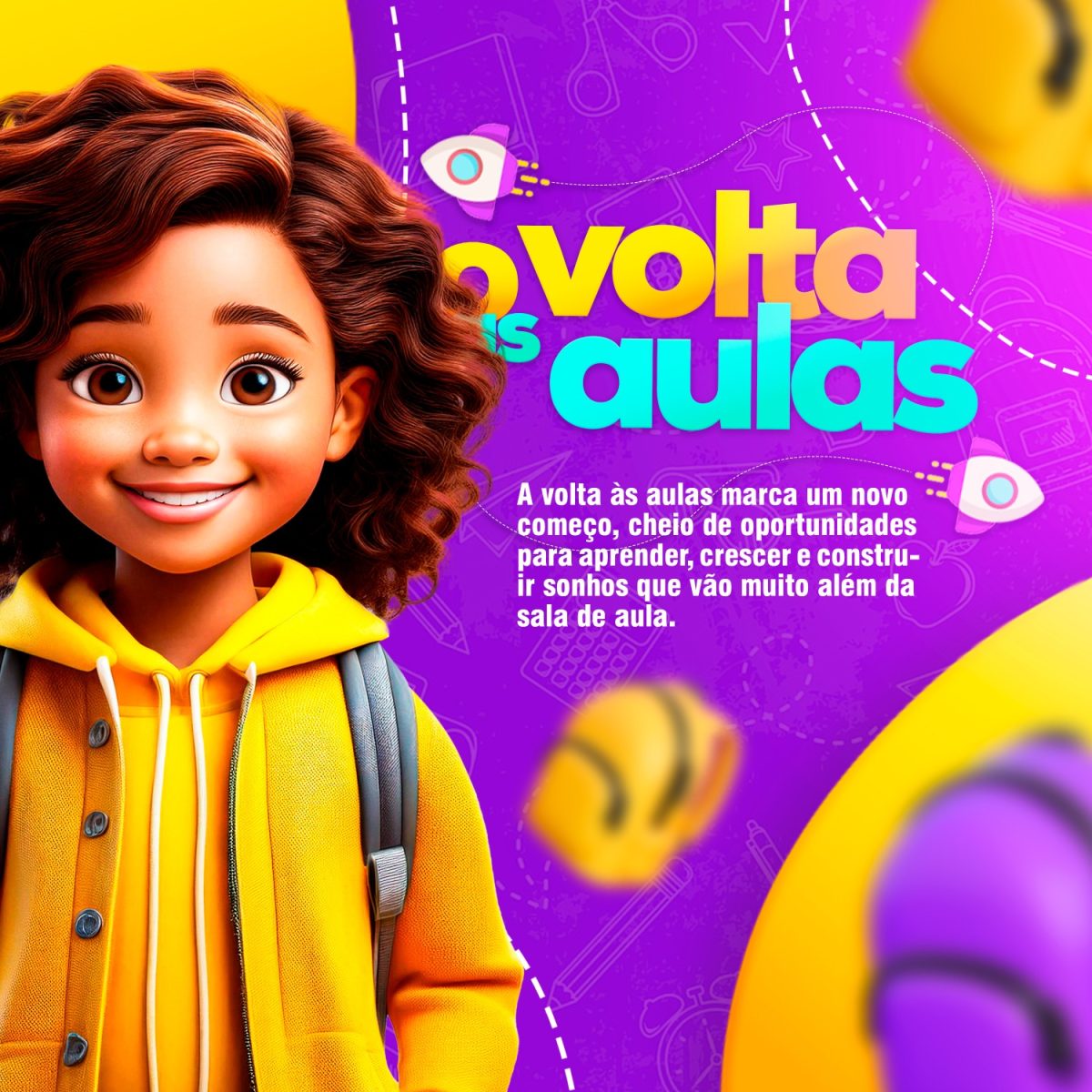 Volta às Aulas Menina e Foguetes Arte Festiva Aprendizado PSD Editável