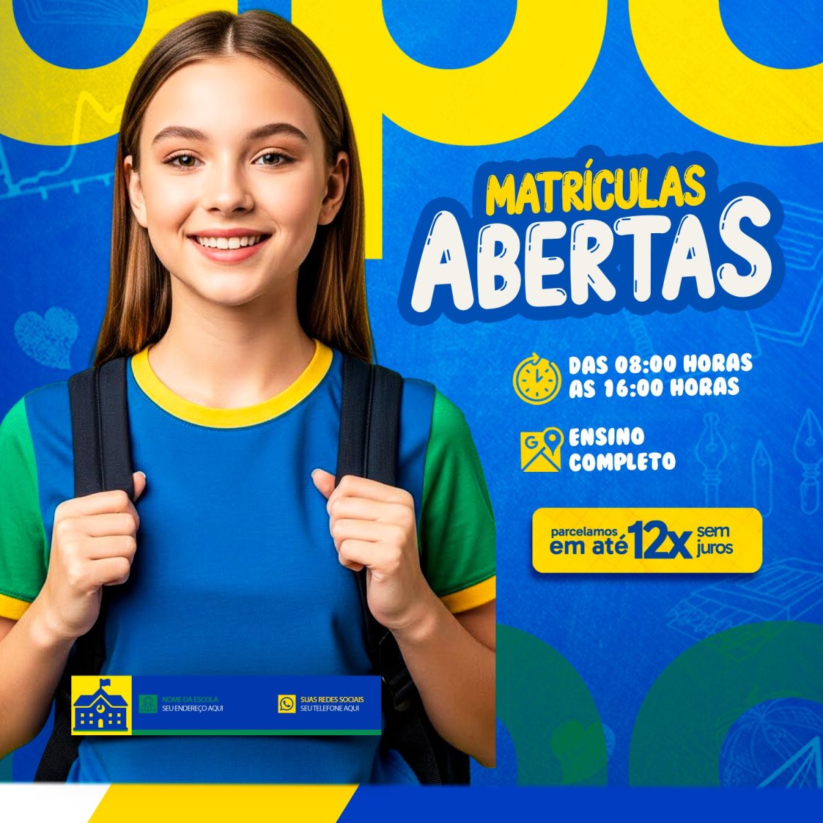 Matrículas Abertas Ensino Completo Escola Infantil PSD Editável