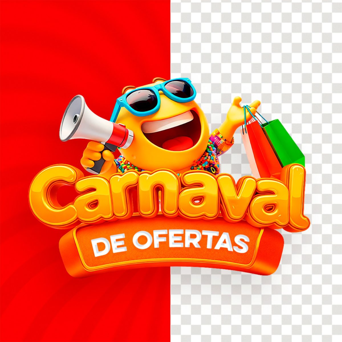 Carnaval de Ofertas Emoji Animado com Megafone PSD Editável