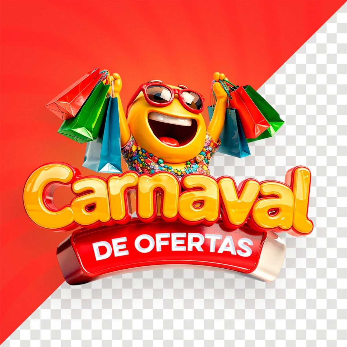 Carnaval de Ofertas 3D Emoticon com Sacolas PSD Editável