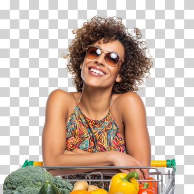 Mulher Negra Feliz com Cacho de Compra no Supermercado PNG Transparente