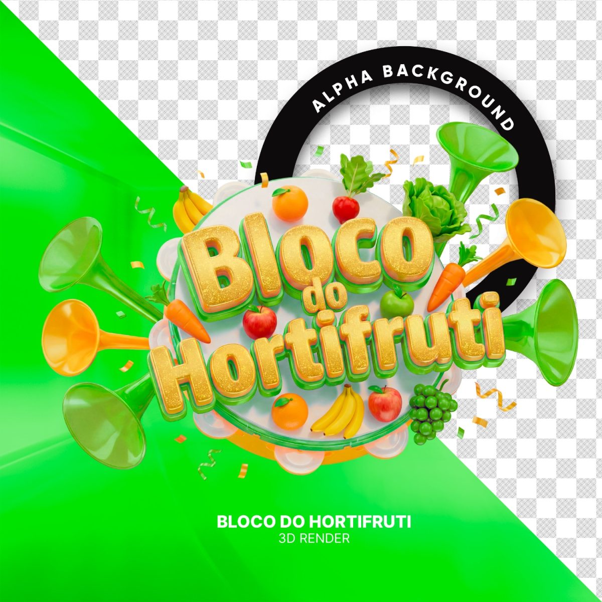 Selo 3D Bloco do Hortifruti Verde Carnaval Alimentos Saudáveis PSD Editável