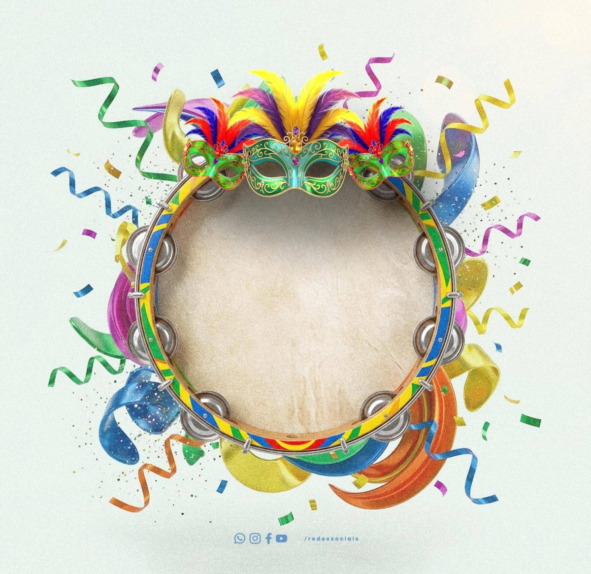 Carnaval Pandero Máscaras e Confetes Festa Colorida PSD Editável