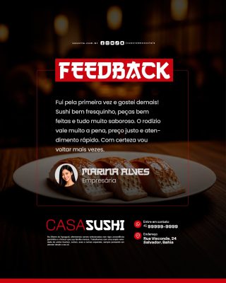 Comida Japonesa Feedback Sushi Marina Alves Empresária avalia PSD Editável