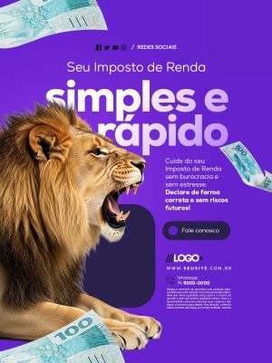 Imposto de Renda Simples e Rápido com Logo e Leão PSD Editável