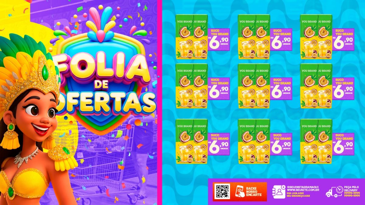 Carnaval Folia de Ofertas Supermercado Promoção PSD Editável