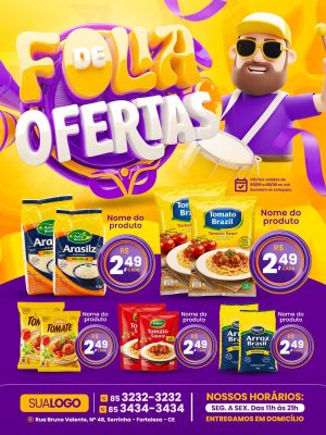 Tabloide Folia de Ofertas de Supermercado com Preços R$ 2,49 PSD Editável