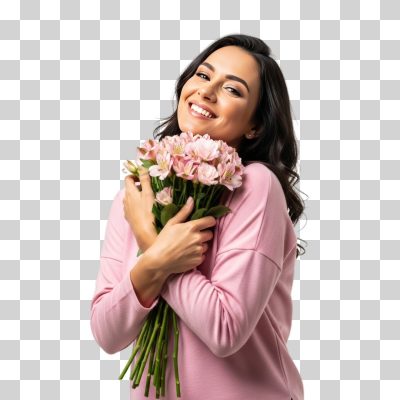 Mulher Radiante Segurando Buquê de Flores Rosas Alegria PNG Transparente
