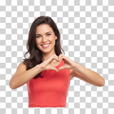 Mulher fazendo coração com as mãos Alegria e Amor PNG Transparente