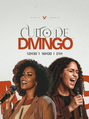 Igreja Culto de Domingo Flyer com Horários e Cantoras PSD Editável