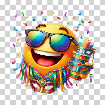 Carnaval Emoji Feliz Máscaras e Confetes Coloridos PNG Transparente