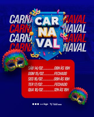 Carnaval 2025 Horários de Abertura e Fechamento com Máscaras PSD Editável