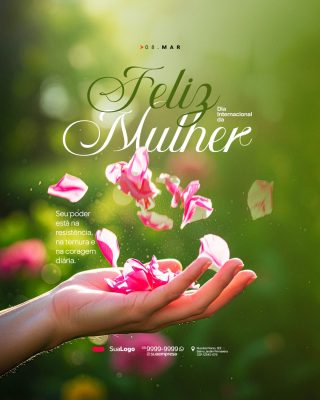 Dia da Mulher 8 de Março Flores e Mensagem de Poder PSD Editável