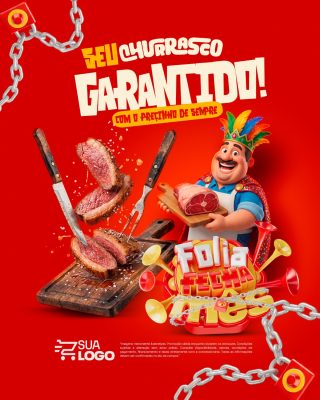 Churrasco Garantido Folia Fecha Mês Promoção Carnavalesca PSD Editável