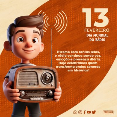 Dia Mundial do Rádio 13 Fevereiro Post com Personagem PSD Editável
