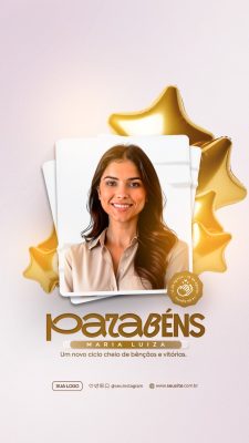 Feliz Aniversário Parabéns Balões Dourados PSD Editável