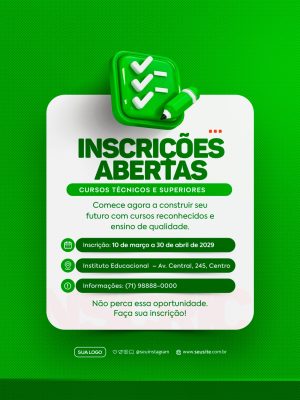 Inscrições Abertas Cursos Técnicos e Superiores PSD Editável