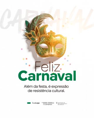 Carnaval Feliz Máscara Ouro e Plumas Festividade Cultural PSD Editável